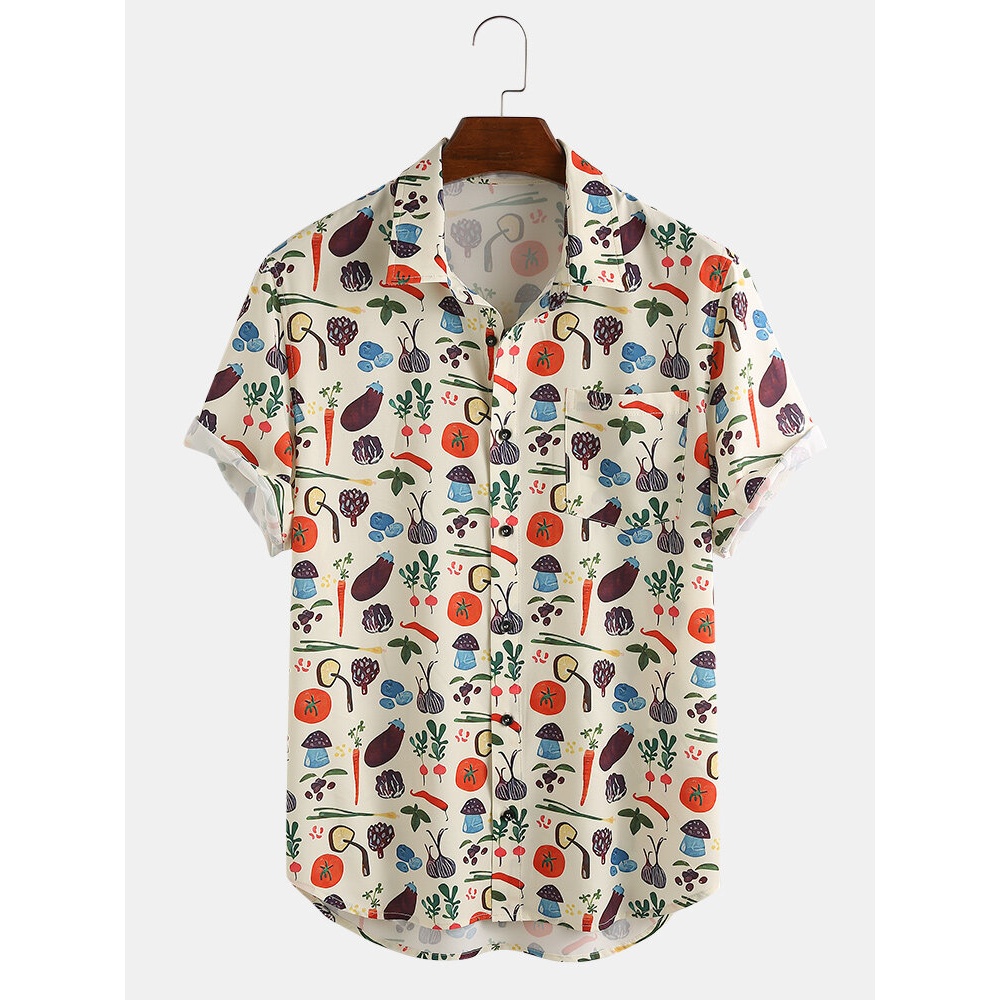 Mens Fashion Casual Vegetables Cartoon Print Turn Down Collar Short Sleeve Shirts - Yellow 2XL