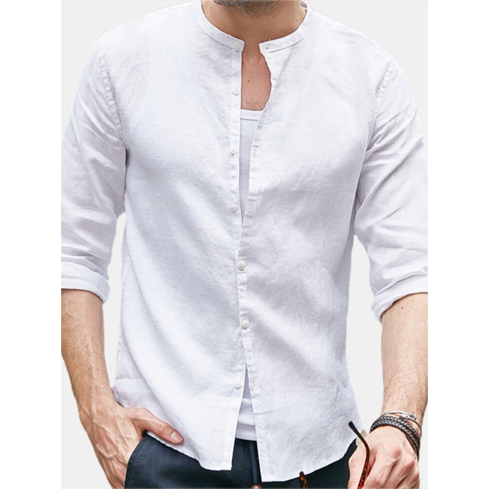 Men's Soft Linen Short Sleeve Solid T Shirts Casual Loose Beach Holiday Tops Shirts - 4XL White
