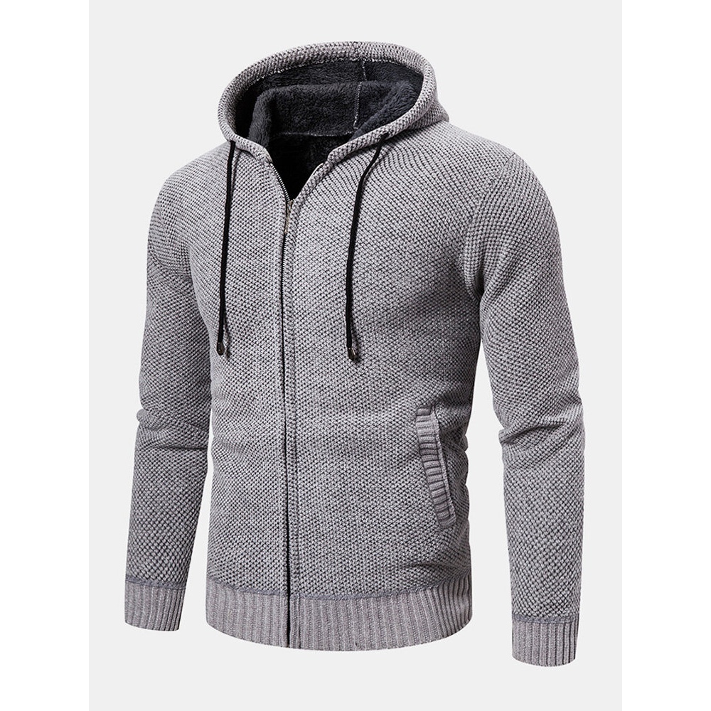 Mens Knitted Zipper Front Solid Color Warm Long Sleeve Hooded Sweater Hoodie Jacket - S Black