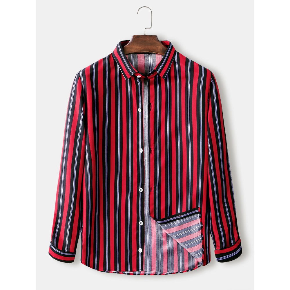 Design Vertical Stripes Lapel Collar Long Sleeve Shirts For Men - White S