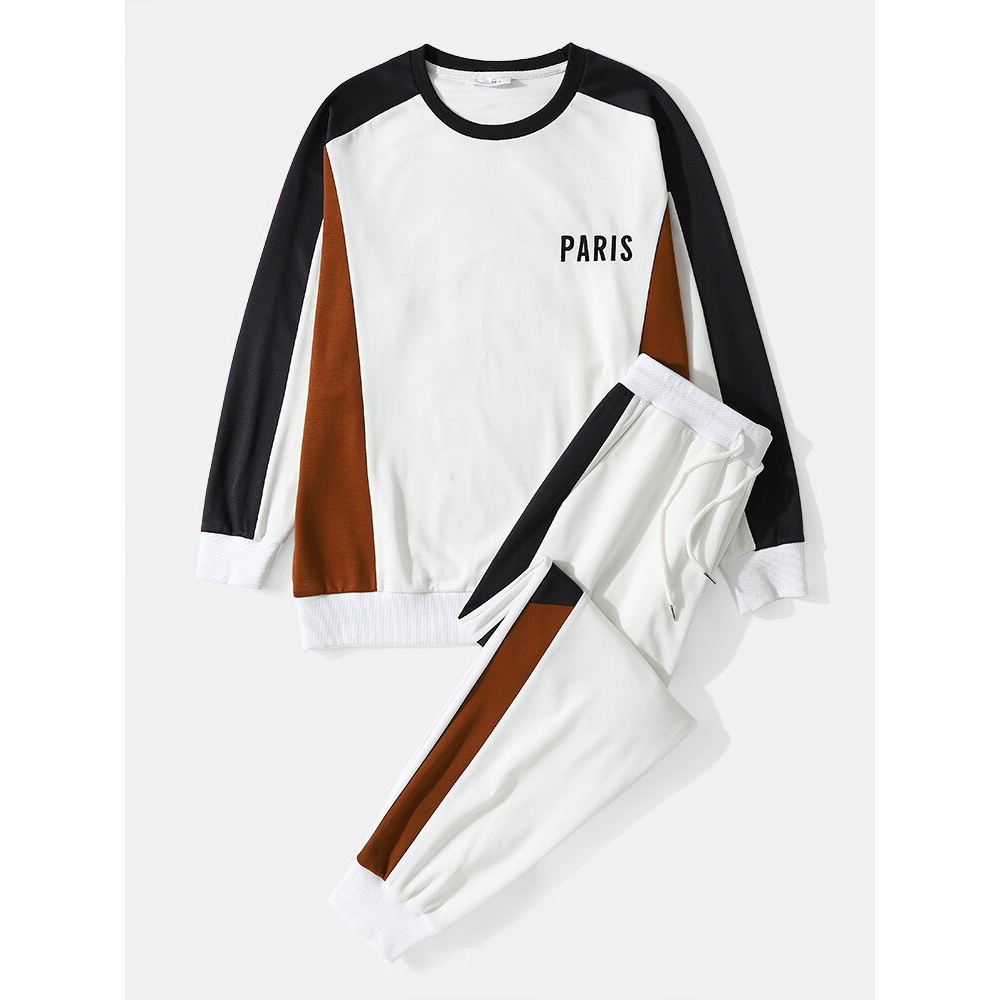 Mens Sports Splicing Paris Embroidered Sweatshirt Pants Leisure Suits - White S