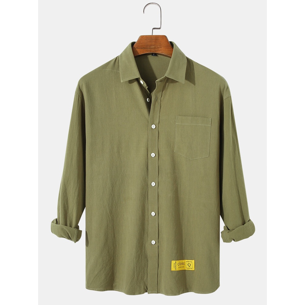 Mens Cotton Solid Color Label Pocket Simple Long Sleeve Casual Shirts - White XL