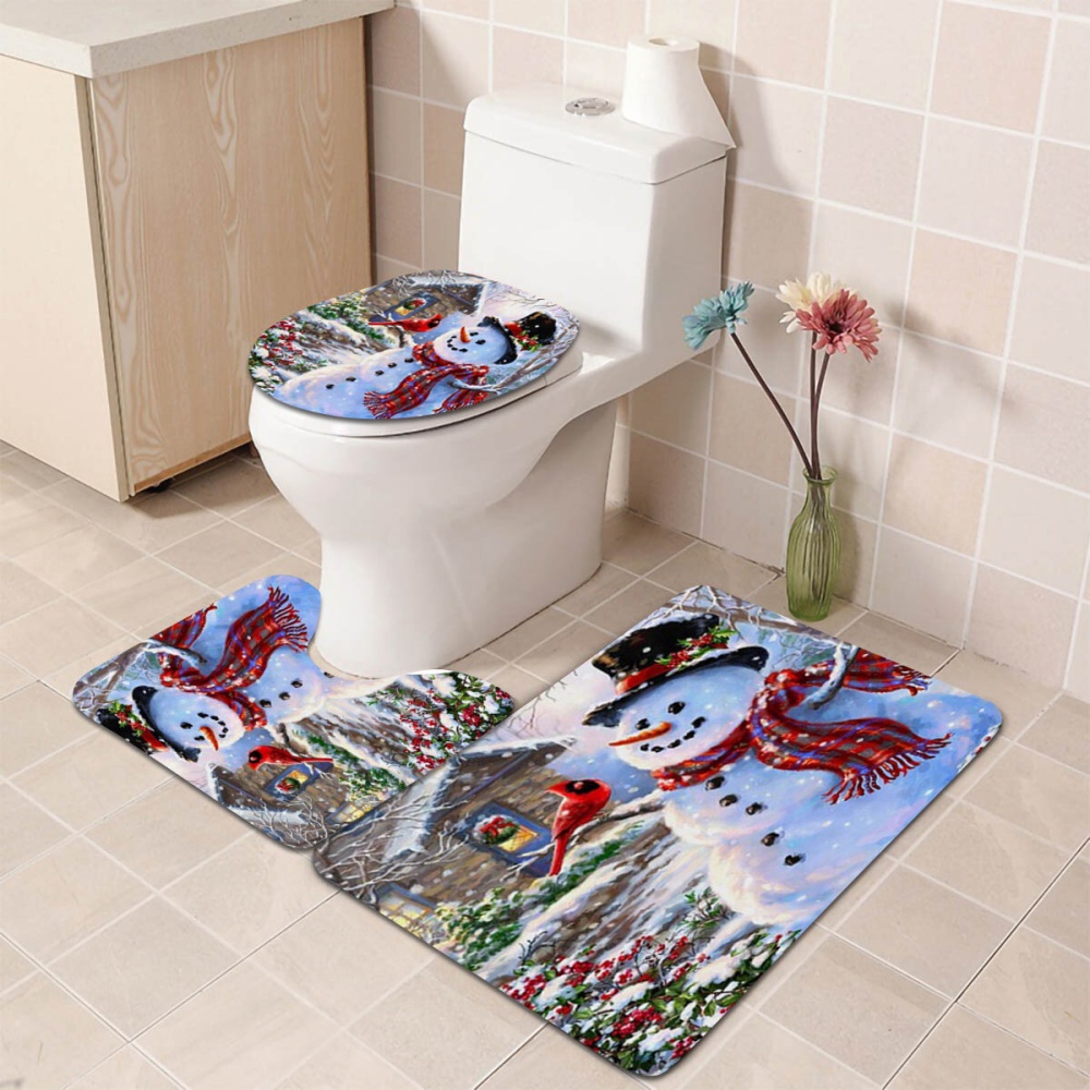 Snowman 3D Printed Bathroom Curtain Waterproof Anti-slip  Snowman Bath Mat Set - 3Pcs Set - Image 2