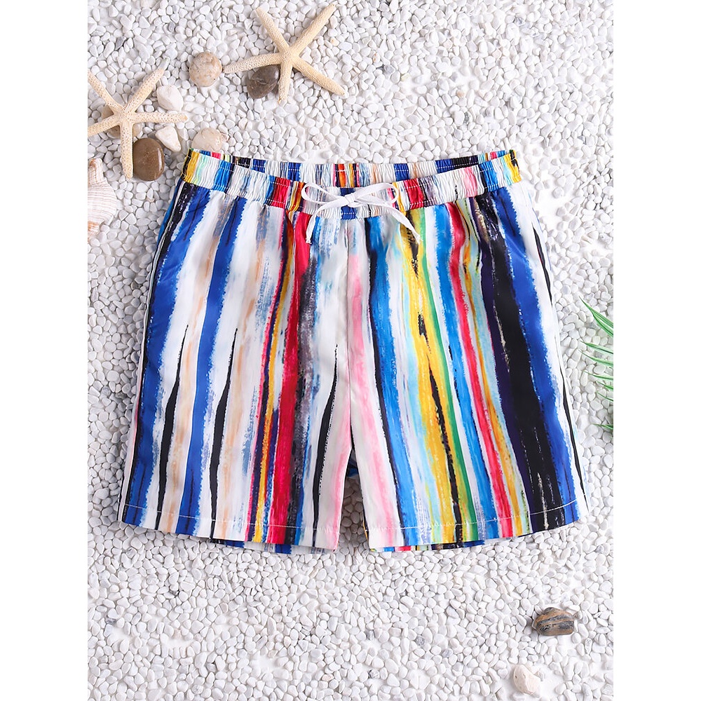 Men Colorful Stripe Quick Drying Beach Hawaiian Board Shorts - 3XL Lake Blue