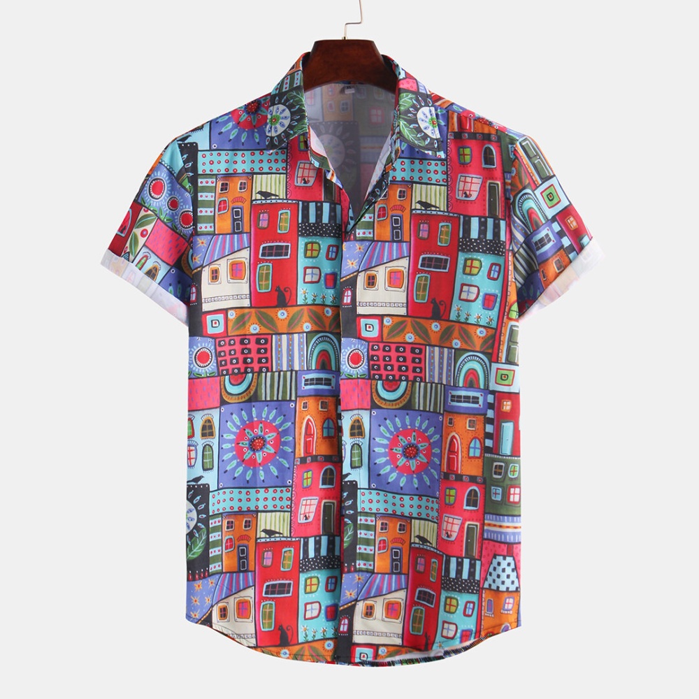 Men Oriental Print Casual Short Sleeve Shirts - 2XL As Picture