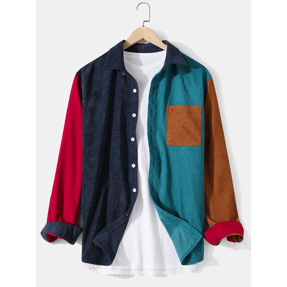 Mens Corduroy Color Block Patchwork Lapel Pocket Long Sleeve Shirts - Blue S