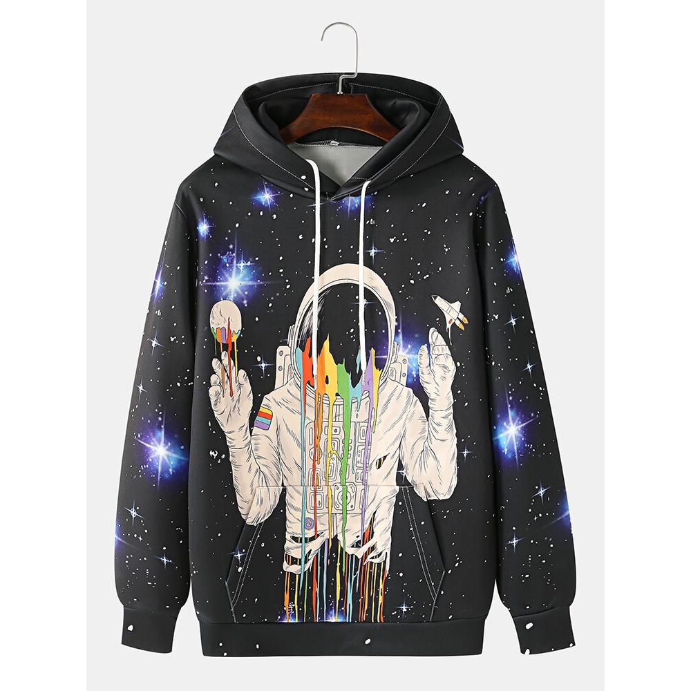 Mens Design Astronaut Pattern Galaxy Print Kangaroo Pocket Cartoon Drawstring Hoodies - Black M