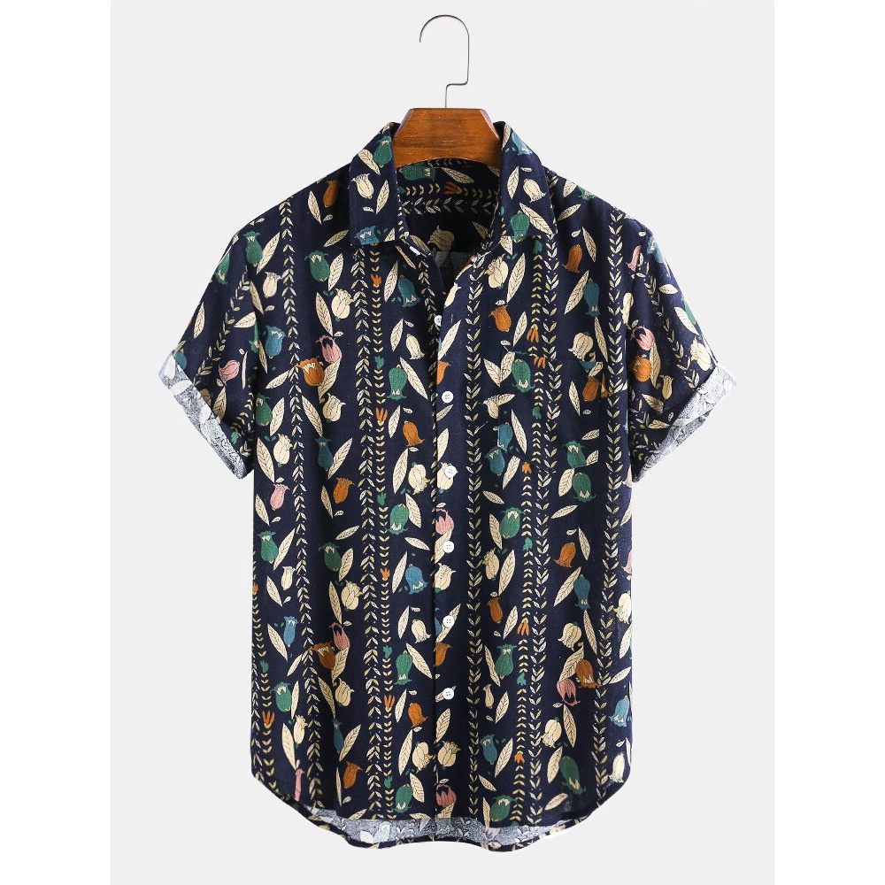 Mens New Fashion Leaf Print Turn Down Collar Short Sleeve Shirts - Red M