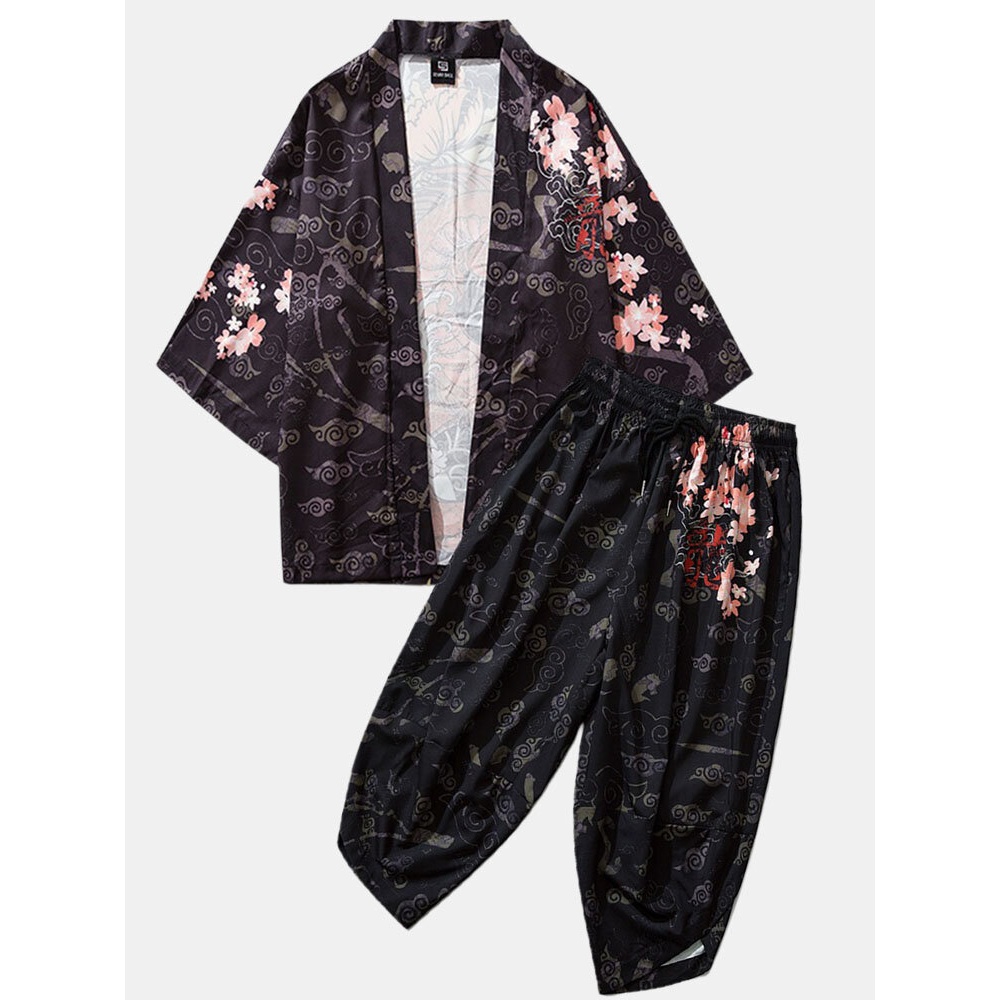 Mens Kimono Ethnic Style Loong Gragon Print Elastic Waist Two Piece Outfits - Black M