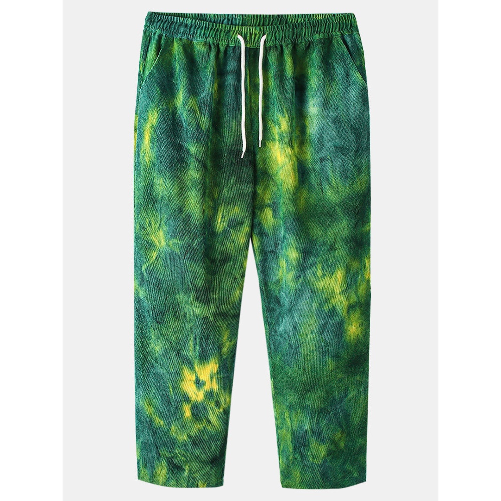 Mens Tie Dye Corduroy Drawstring Pocket Casual Pants - Green S