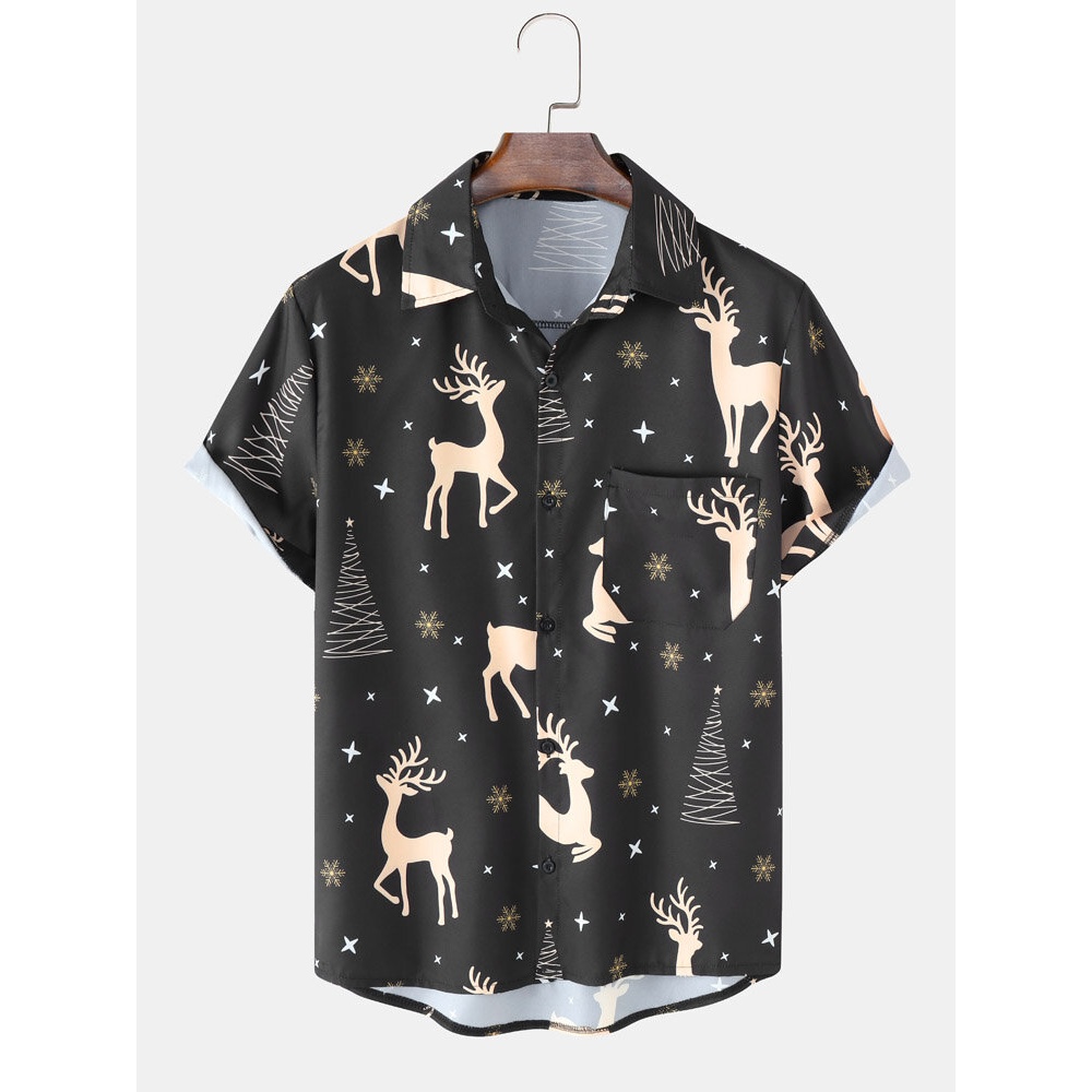Men  Plant Trees Snow Deer Printed Short Casual Shirts - Black M