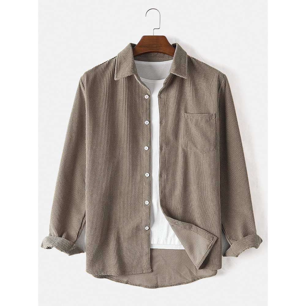Corduroy Solid Color Long Sleeve Casual Shirts With Pocket - Yellow 2XL