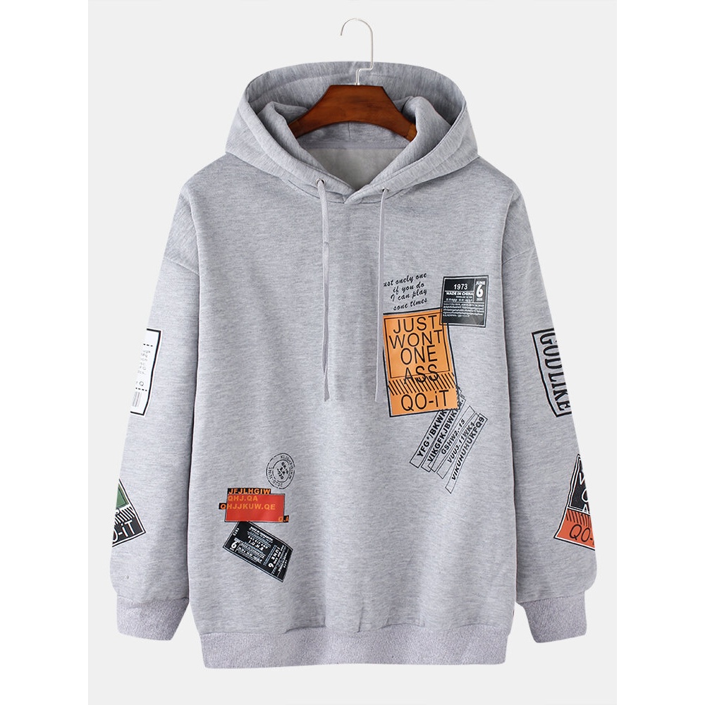 Mens Cotton Label Letter Print Drop Shoulder Long Sleeve Drawstring Hoodies - White M