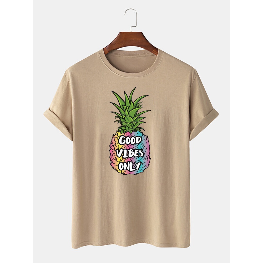 Mens 100% Cotton Pineapple Printed Round Neck Casual Short Sleeve T-Shirts - Grey S