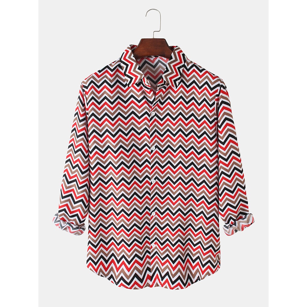 Chevron Print Button Up Lapel Long Sleeve Curved Hem Simple Shirts For Men - Blue S