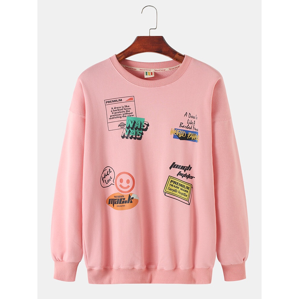 Mens Cotton Graffiti Print Round Neck Pullover Drop Shoulder Casual Sweatshirts - Blue M