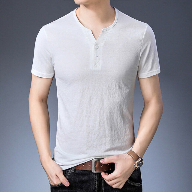 Cotton And Linen New Season Short-sleeved T-shirt Bottoming Shirt Trend Half-sleeved Clothes V-neck Casual Short-sleeved Men's Clothing - L Black - Image 2
