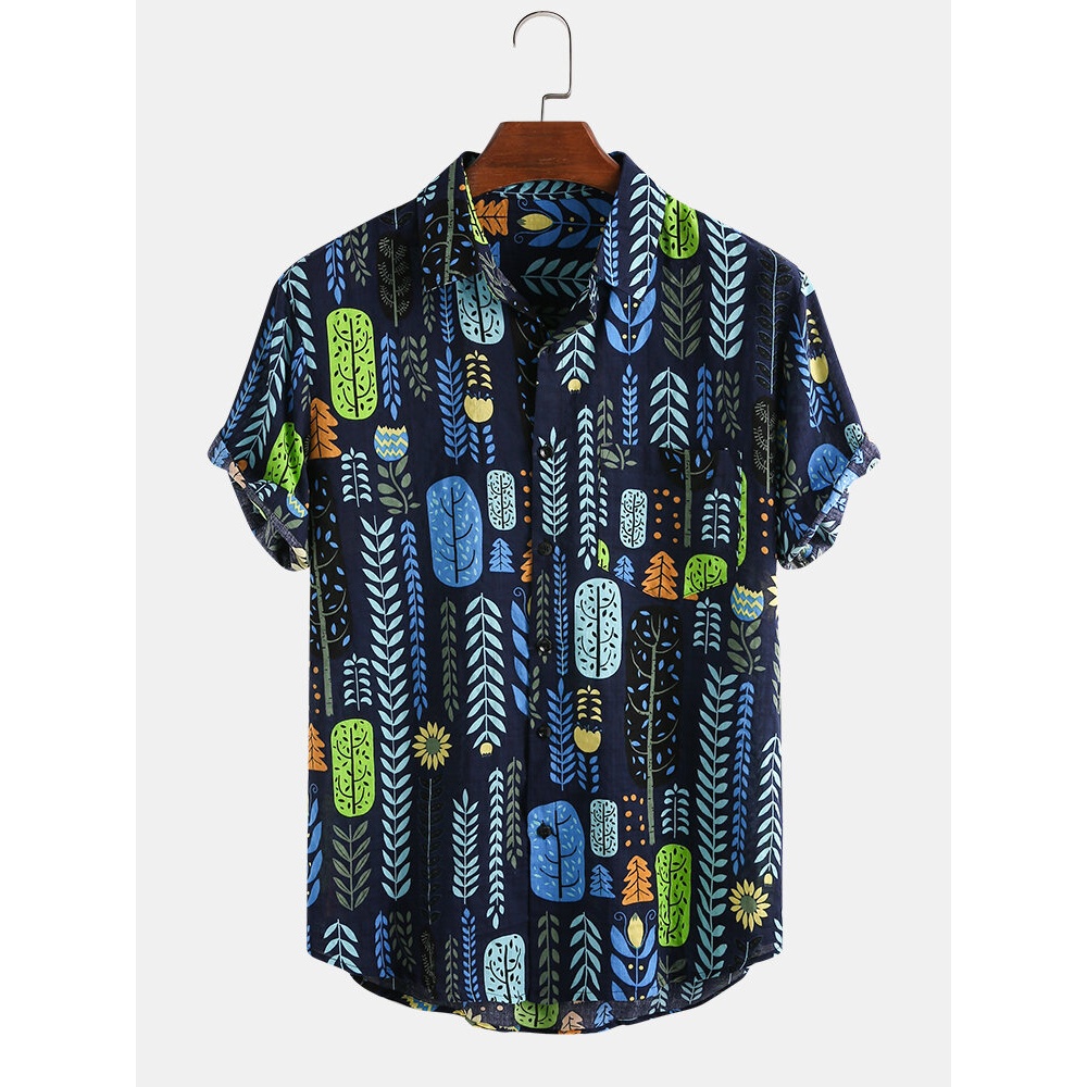 Mens New Leaf Cartoon Print Turn Down Collar Short Sleeve Shirts - Blue 3XL