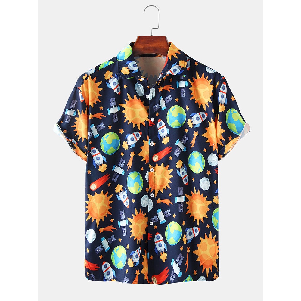 Mens Space Print Cartoon Pattern Funny Short Sleeve Shirts - Navy L