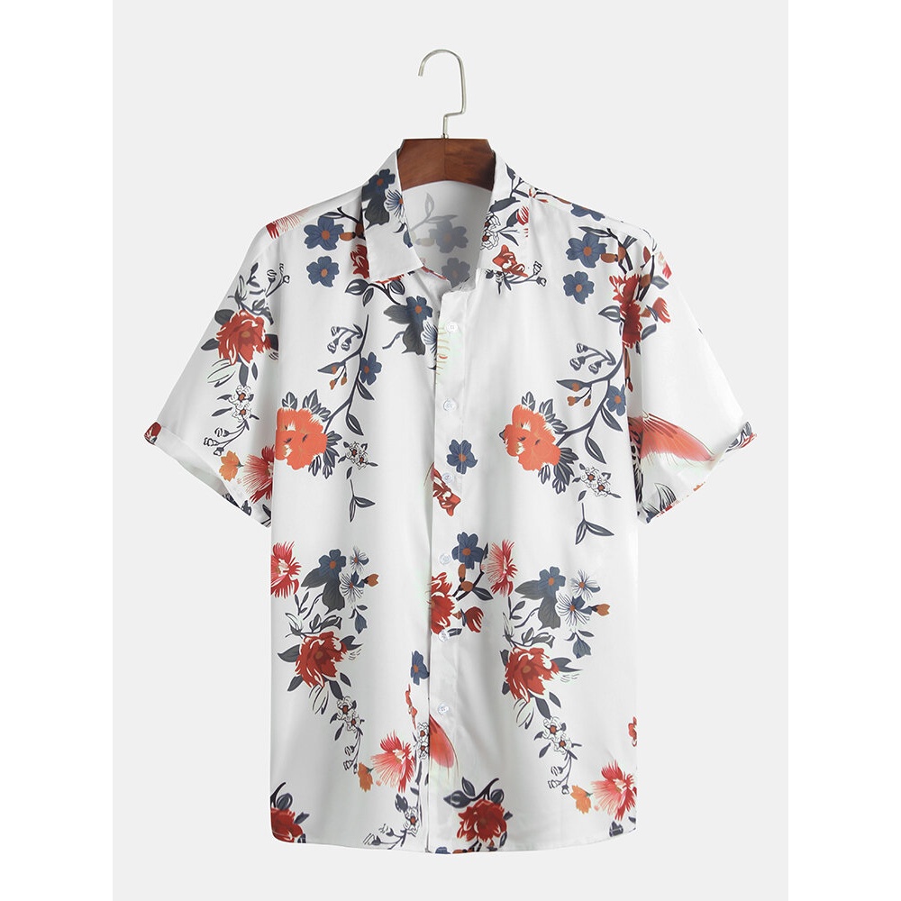 Mens Chinese Fashion Floral Printed Square Collar Shirts - S Black