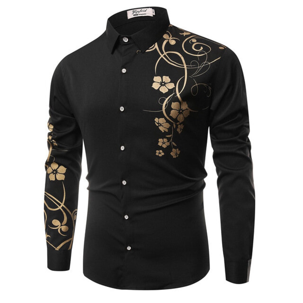 Men's Large Size Bauhinia Print Long Sleeve Bottoming Shirt Casual Top - L Black