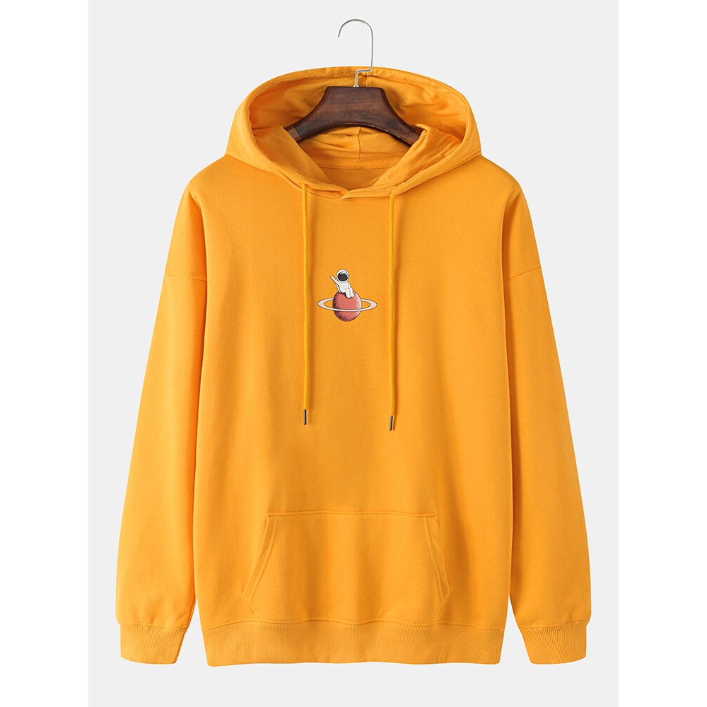 Mens Astronaut Planet Graphic Drop Shoulder Cotton Drawstring Hoodies - Pink M