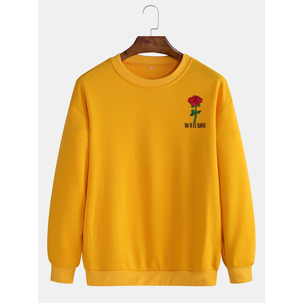 Mens Rose Pattern Solid Color Crew Neck Casual Pullover Sweatshirt - White S