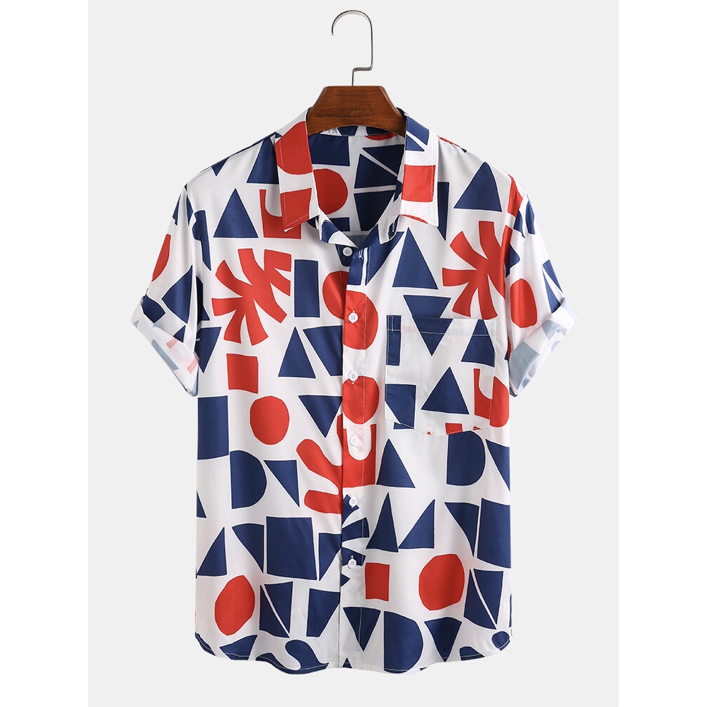 Mens Fashion Color Block Geometric Pattern Breathable Casual Shirts - White 2XL