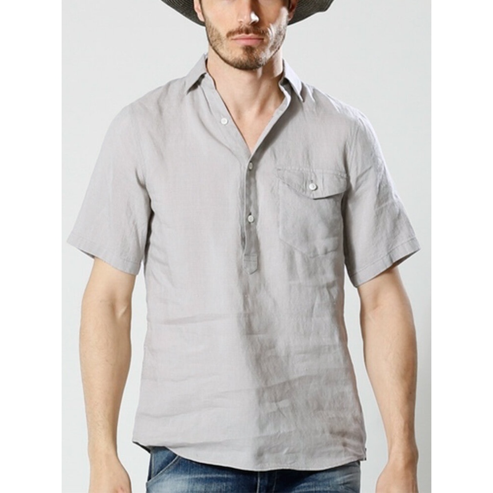 Men Pinstripe 100% Cotton Single Pocket Short Sleeve Shirts - M Light Grey