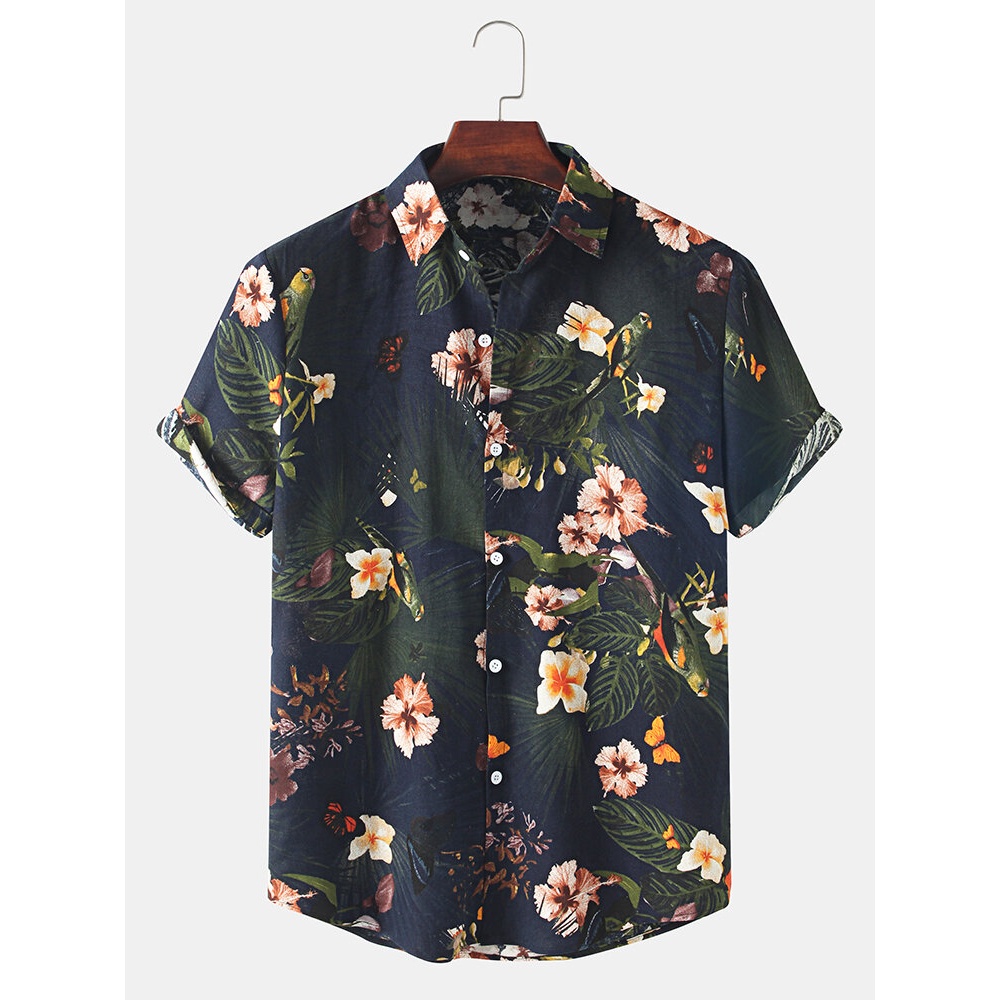 Mens Holiday Casual Floral Print Lapel Button Short Sleeve Shirt - Navy S
