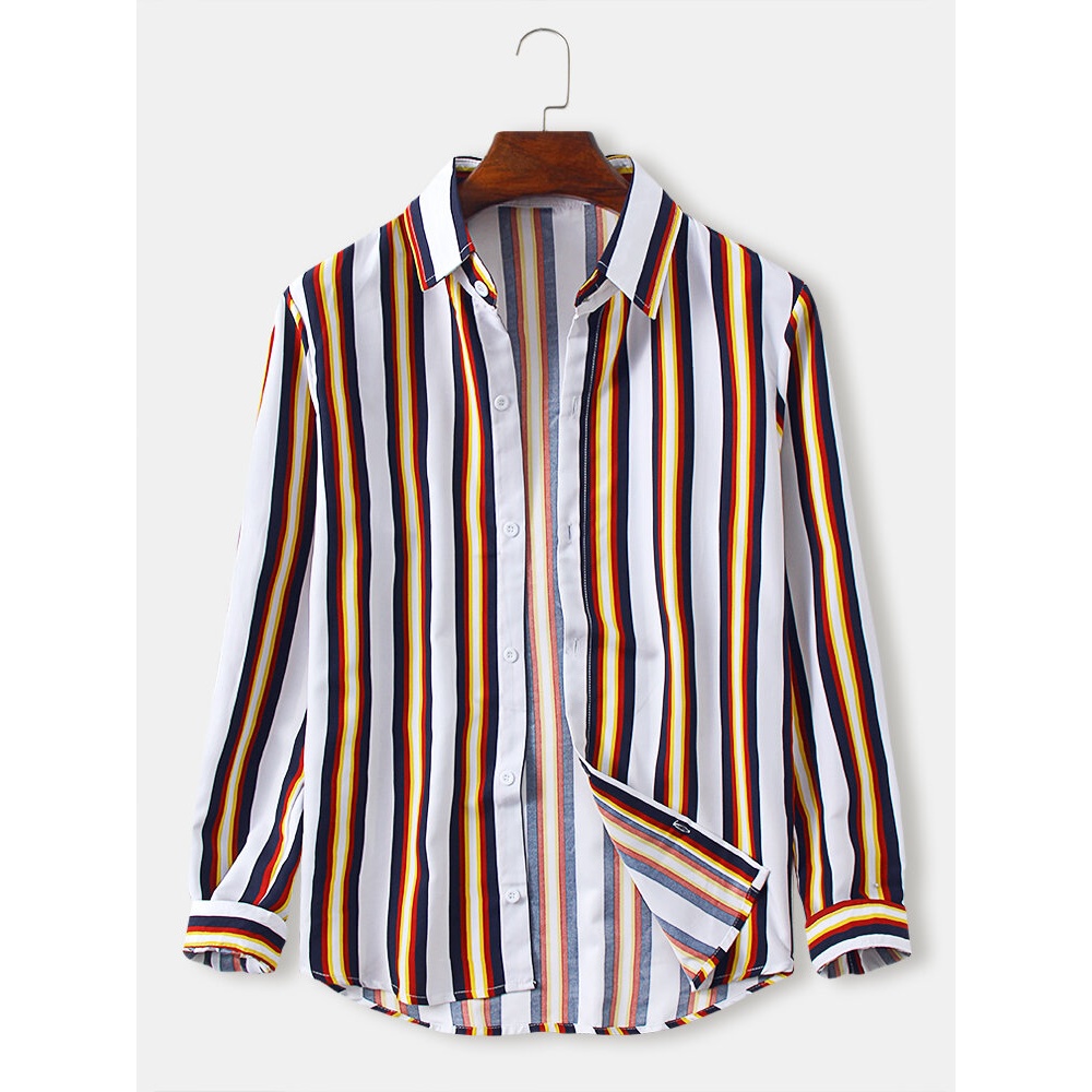 Casual Mens Vertical Stripes Lapel Collar Button Up Long Sleeve Shirts - White M