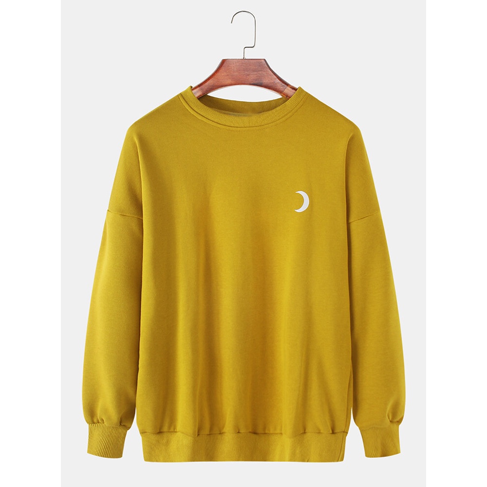 Mens Cotton Moon Reflective Print Drop Shoulder Round Neck Long Sleeve Casual Sweatshirts - Pink M