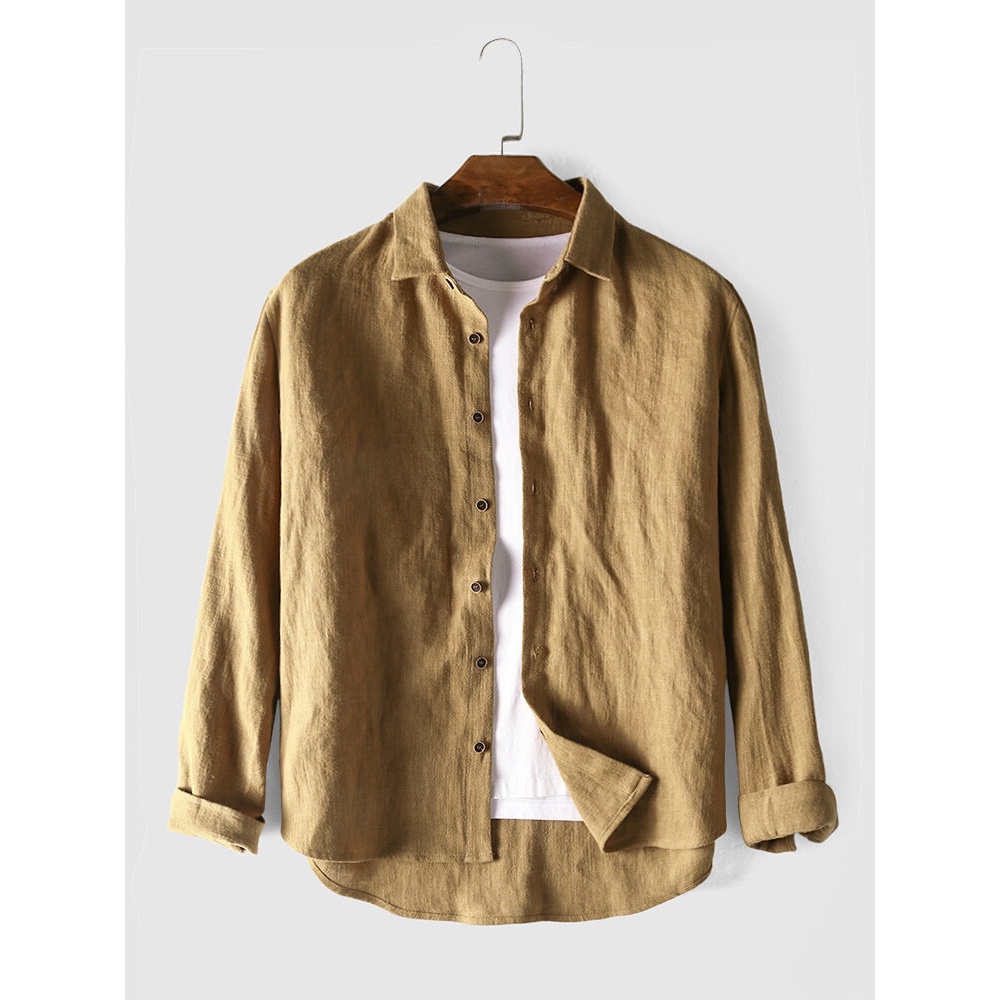 Mens Long Sleeve Casual Pure Color Linen Shirts - L Black