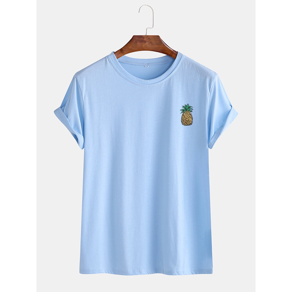 Mens Cartoon Pineapple Printed Sinple Home Casual Loose Short Sleeve T-Shirts - Light Blue S