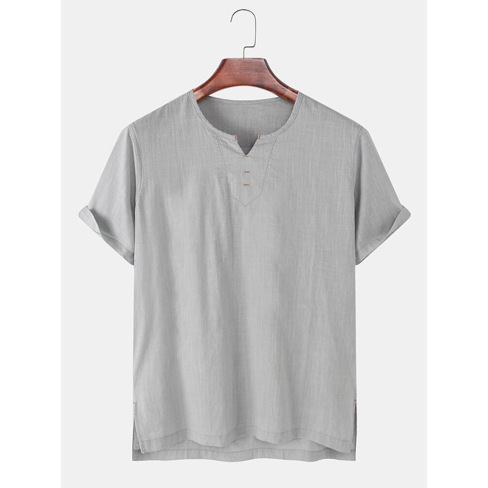 Mens Solid Color Flax V-Neck Light Casual Short Sleeve T-Shirts - White S