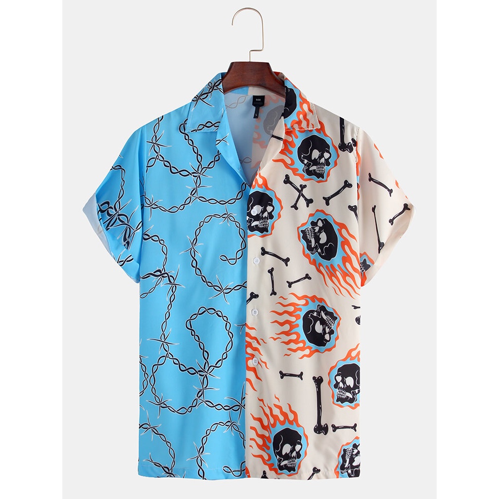 Mens Fashion Skull Chain Pattern Printed Patchwork Casual Short Sleeve Shirts - White S