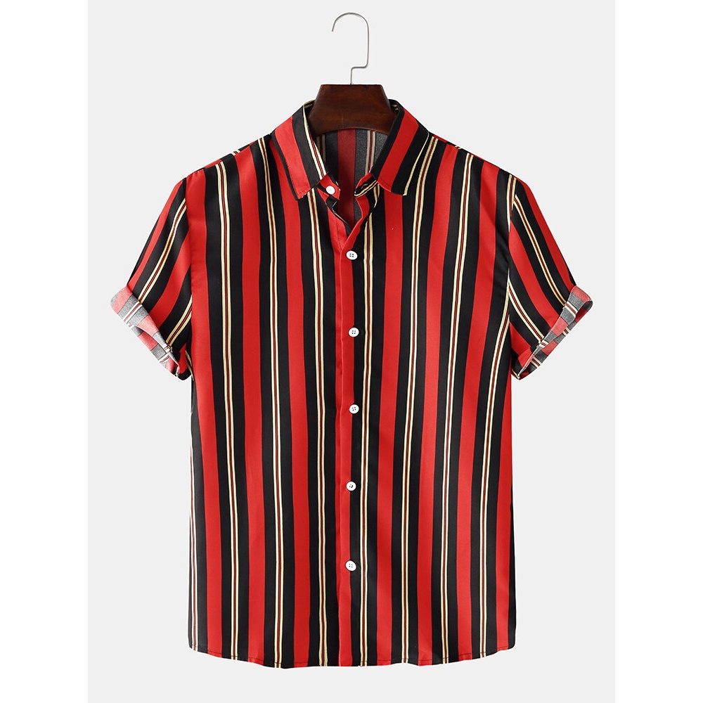 Holiday Vertical Stripes Lapel Collar Button Up Mens Short Sleeve Shirts - Black M