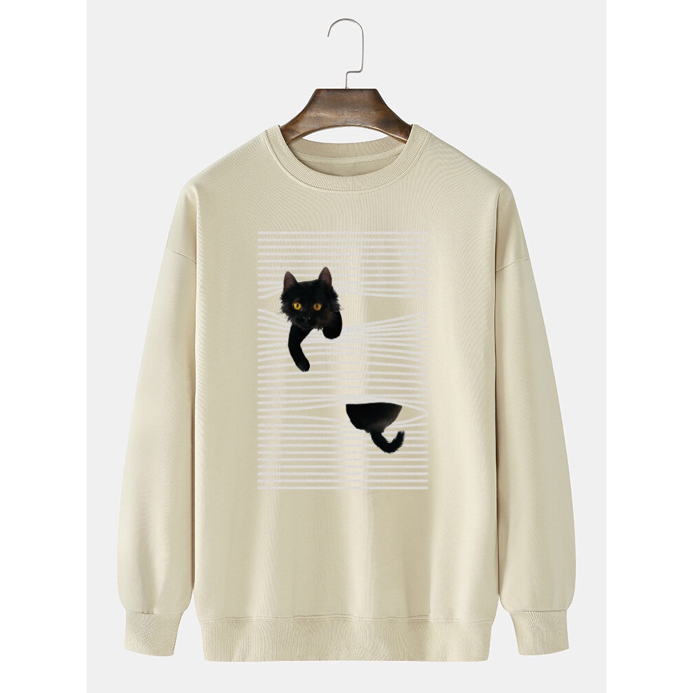 Mens 100% Cotton Line & Cartoon Cat Print Pullover Long Sleeve Sweatshirts - S Black
