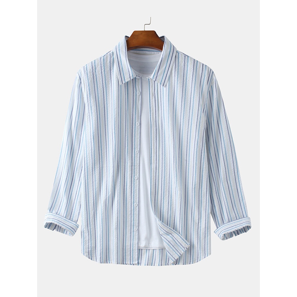 Mens Striped Turn Down Collar Long Sleeve Shirts - Blue M