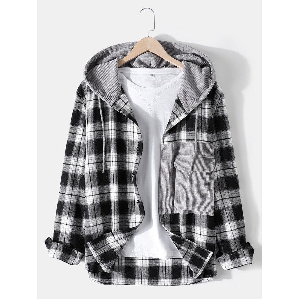 Mens 100% Cotton Plaid Patchwork Button Up Hooded Shirts - S Black