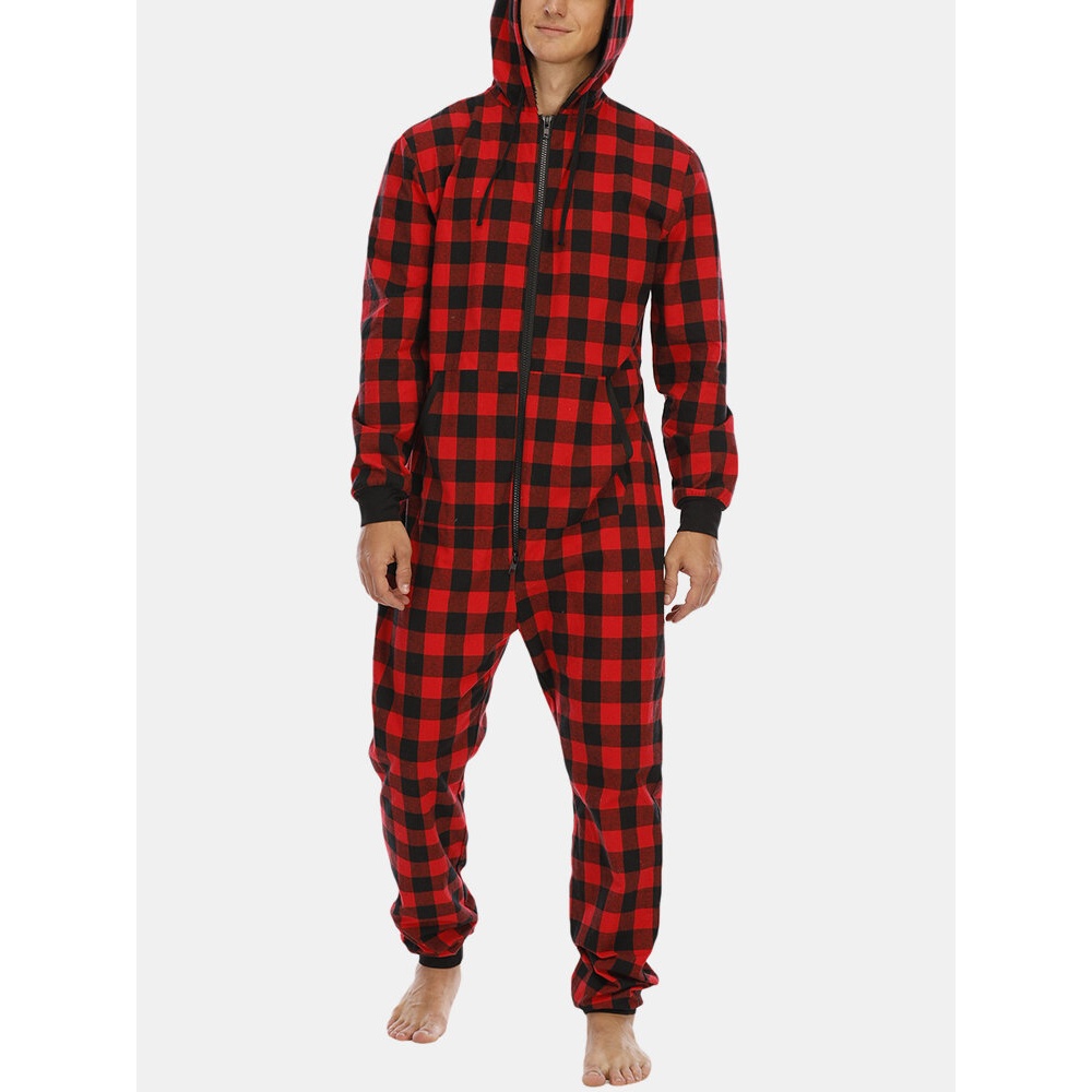 Mens Plaid Zipper Front Kangaroo Pocket Hooded One Piece Jumpsuit Home Warm Sleepwear - Red M
