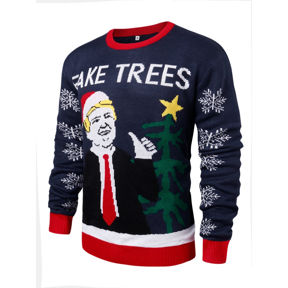 Mens Figure & Letter Pattern Knitted Long Sleeve Funny Pullover Sweaters - Black S