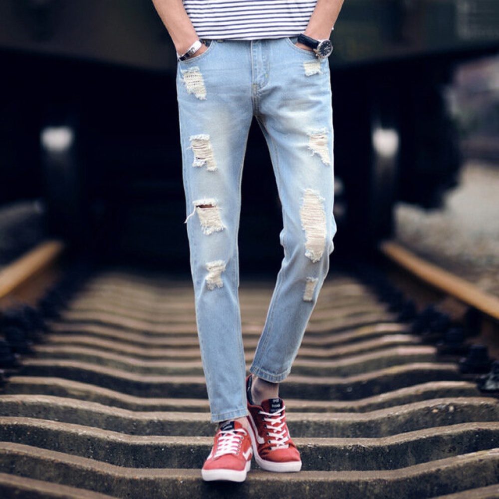 Hole Jeans Men's Season New Youth Fashion Slim Casual Nine Pants Men's 9 Points Pants Tide - 36 Light Blue - Image 2