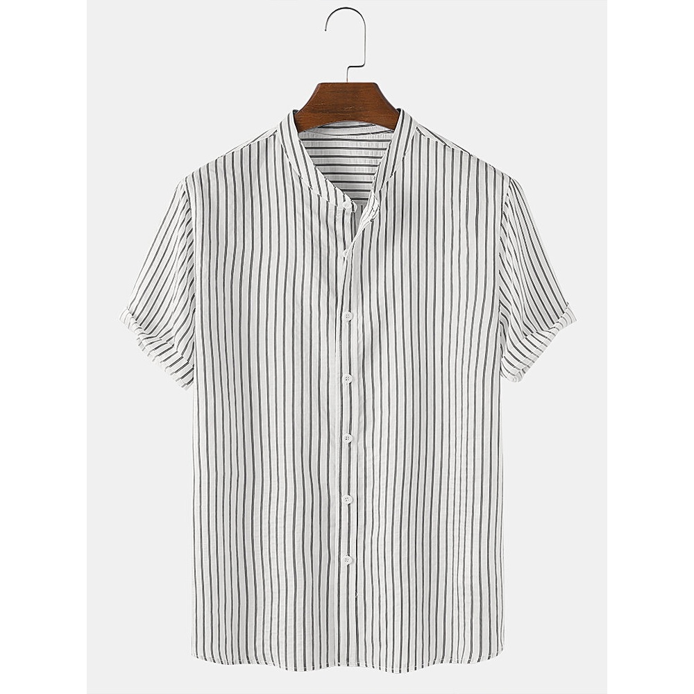 Mens Pinstripe Stand Collar Casual Short Sleeve Designer Shirts - White L