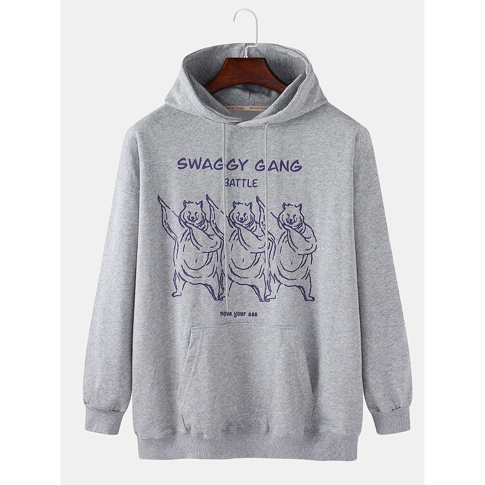 Mens Cartoon Pattern Letter Print Drop Shoulder Kangaroo Pocket Long Sleeve Hoodies - Yellow 4XL