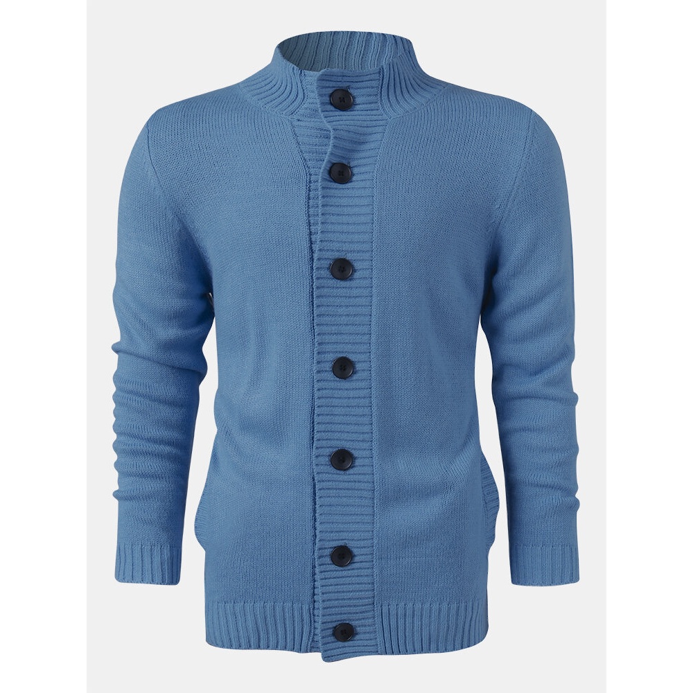 Mens Solid Color Knitted Button Up Long Sleeve Sweater Jacket - M Khaki