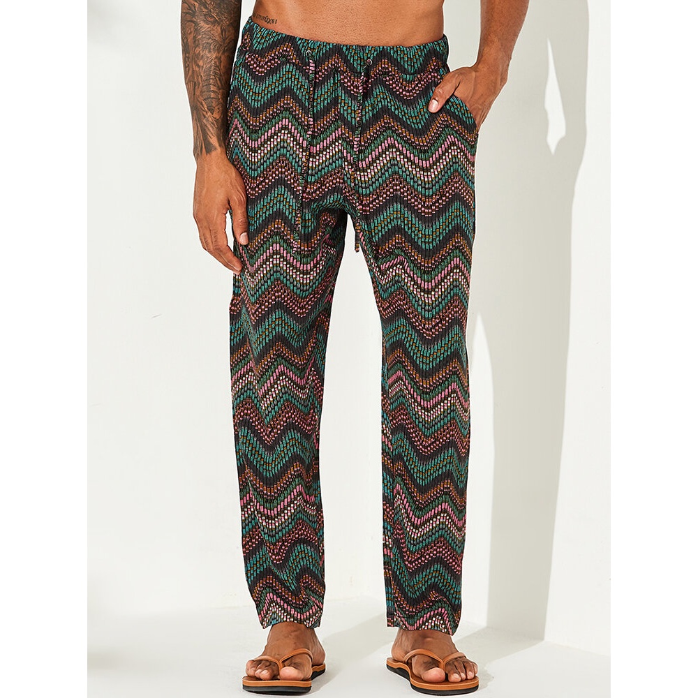 Mens Wave Stripe Printing Loose Hawaiian Pants - XL Green