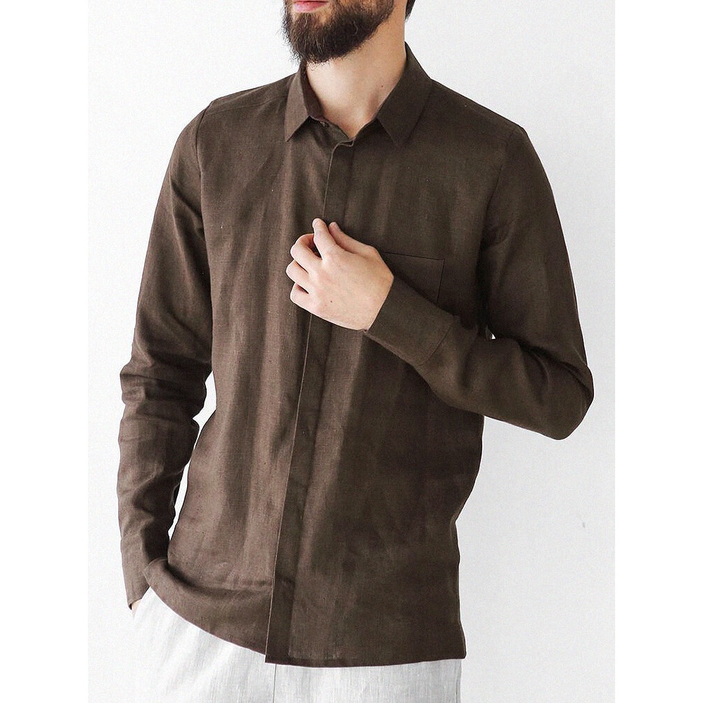 Mens Solid Color Basic Long Sleeve Lapel 100% Cotton Shirts With Pocket - Blue S