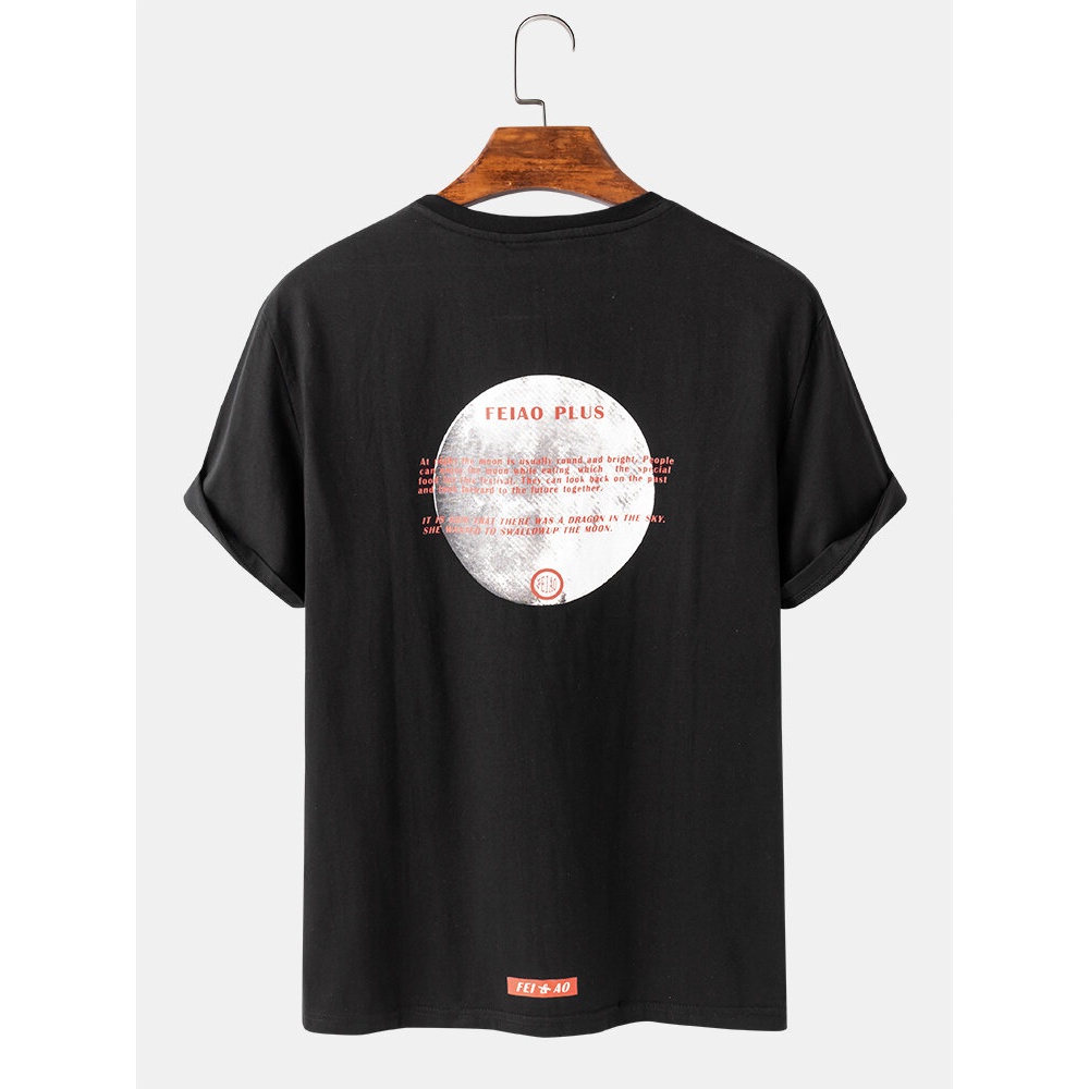 Mens Cotton Graphic Print Solid Color Loose Casual O-Neck T-Shirts - Black S