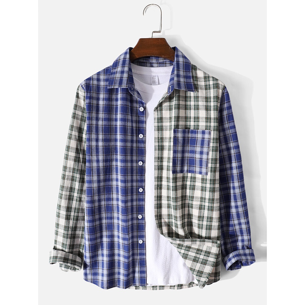 Mens Contrast Plaid Splicing Lapel 100% Cotton Long Sleeve Shirts - Blue S